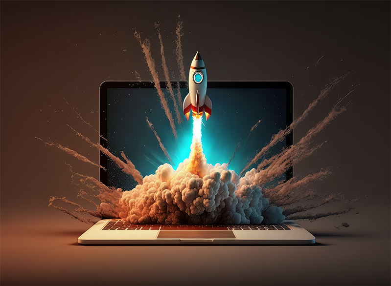 spaceship taking off from a laptop