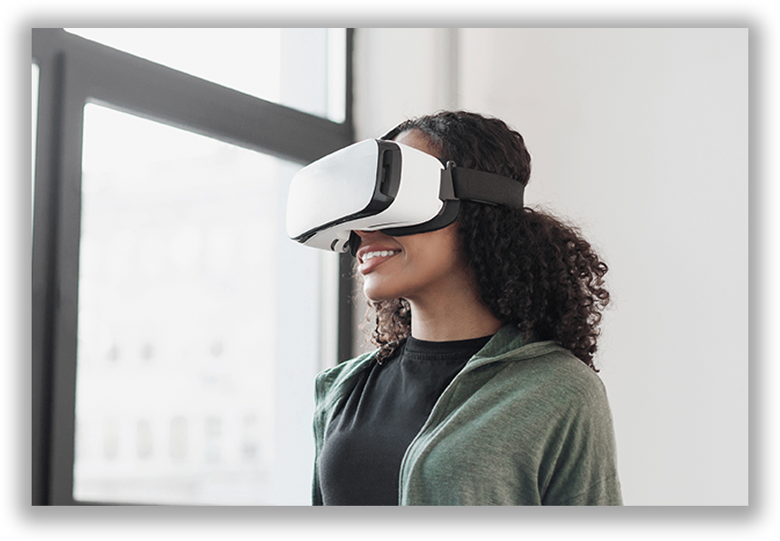 women with virtual reality headset at window